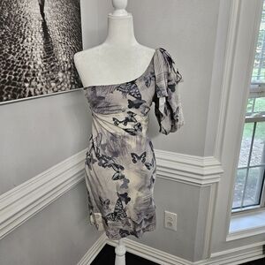 STUNNING KAREN MILLEN ONE SHOULDER GREY SILK BUTTERFLY COCKTAIL DRESS size 4